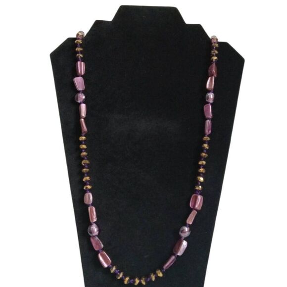 Purple & Gold Assorted Abalone Beaded Single Strand Layering Statement Necklace - Picture 1 of 9